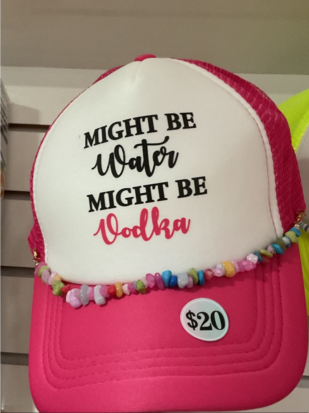 Pink and White Trucker Hat with Beaded Trim